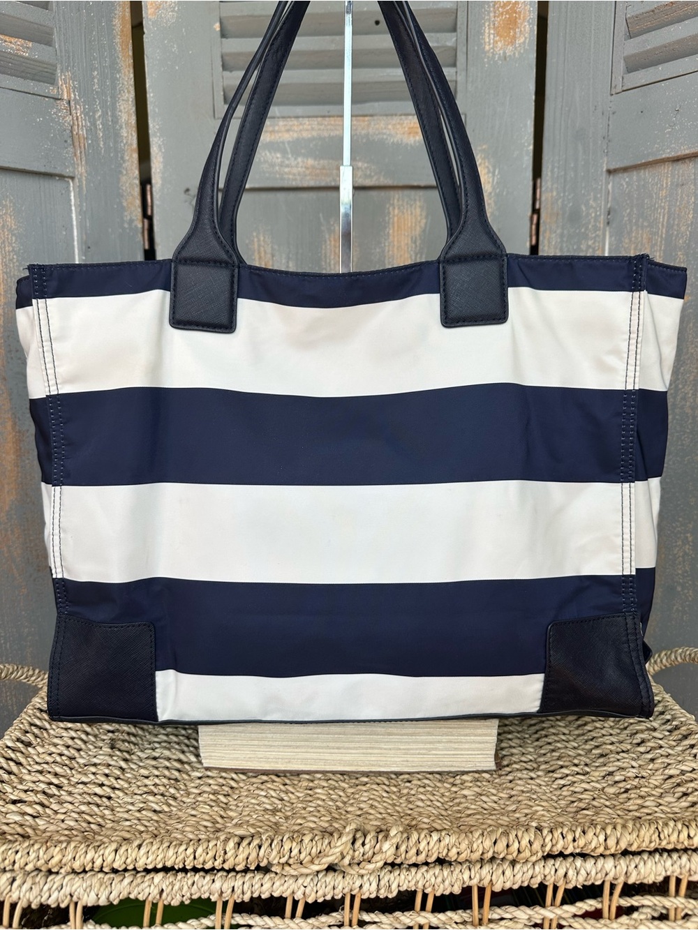 Tory Burch Ella Packable Nylon Tote Navy Bar Stripe - Picture 4 of 16